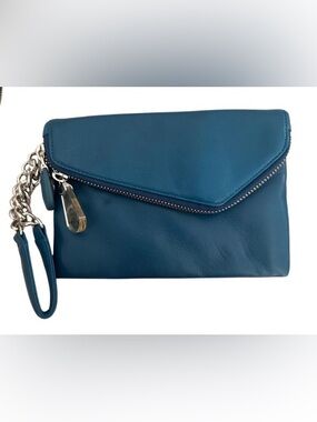 Henri Bendel teal “Rachel Blue" leather clutch convertible envelope-style bag